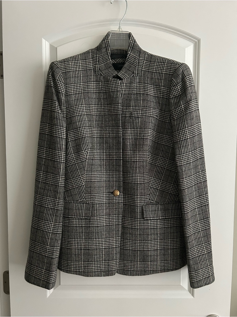 J. Crew Regent Wool Blend Black/Gray Plaid Single-Button Blazer size 12